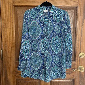 Joan Rivers Moroccan Print Silky Blouse with Long Sleeves - Small